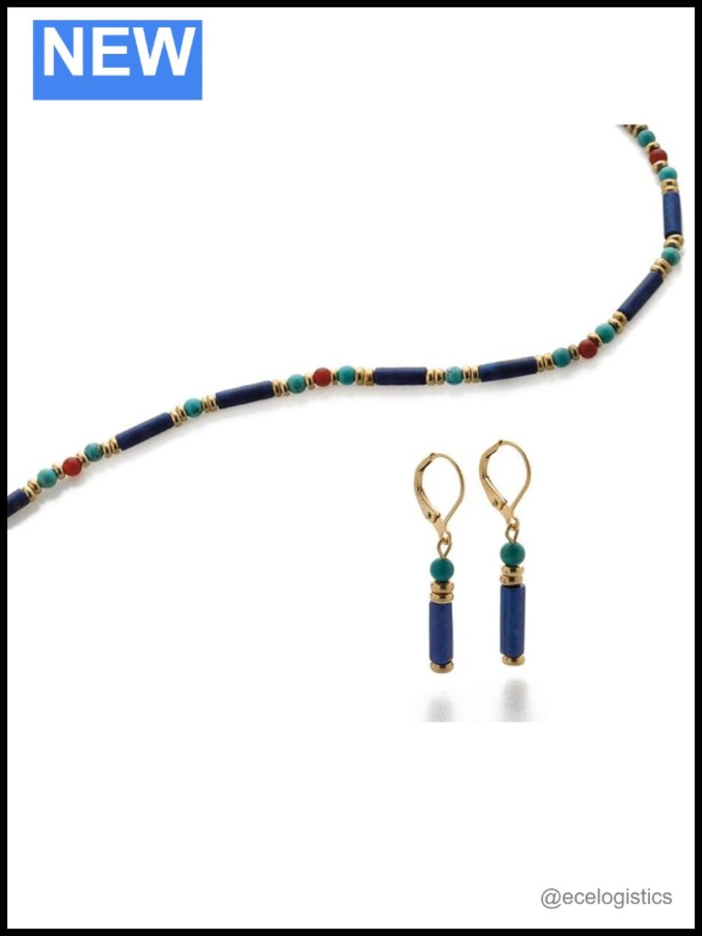 Egyptian Lapis and Turquoise Earrings Necklace Set 18K Gold Plated